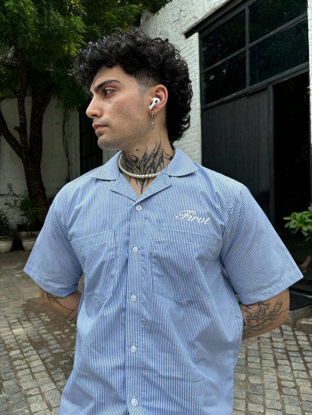 BLUE STRIPED BOWLING SHIRT