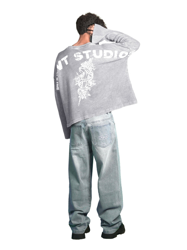 WASHED GREY SWORD WAFFLE T-SHIRT