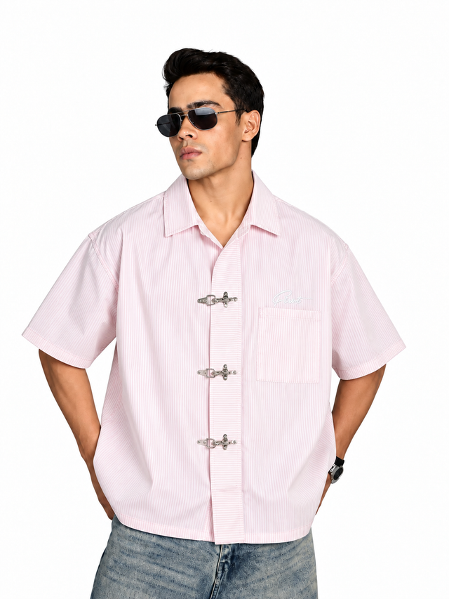 METAL CLASP PINK STRIPE SHIRT
