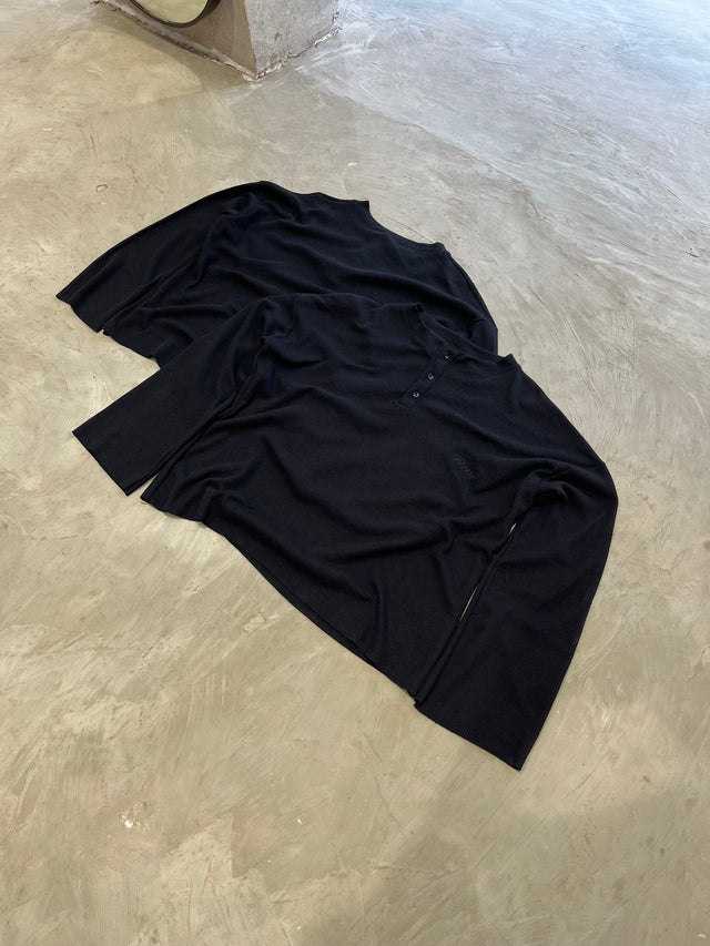 BLACK HENLEY WAFFLE
