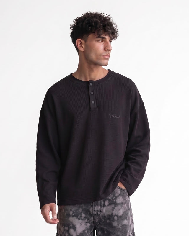 BLACK HENLEY WAFFLE