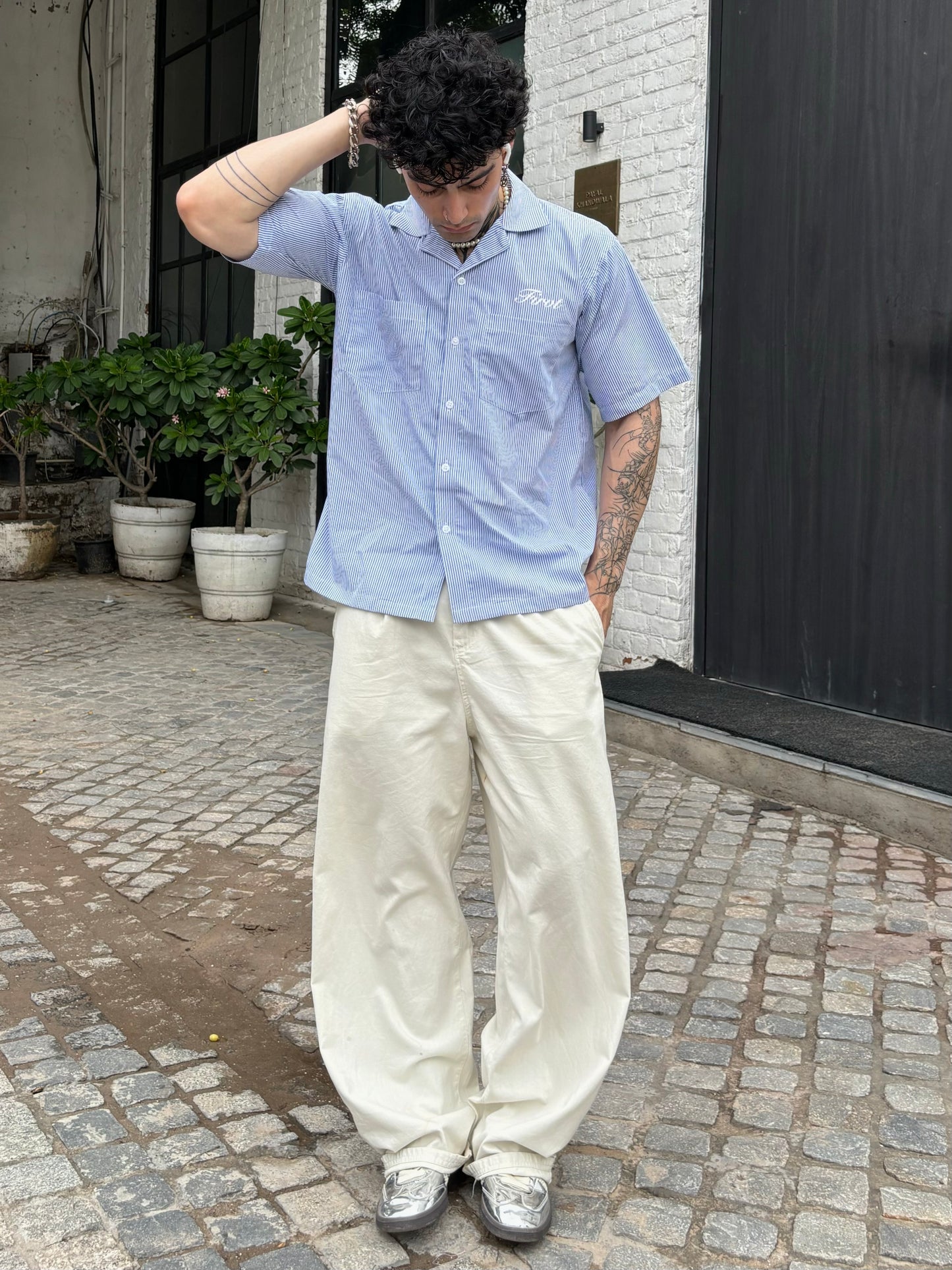 BLUE STRIPED BOWLING SHIRT