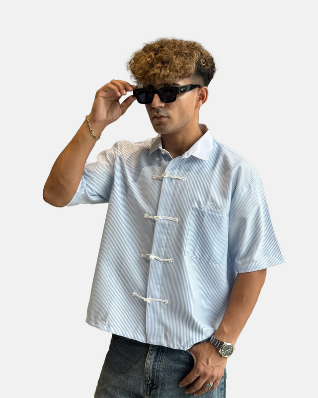 FIRVT BLUE STRIPE FROG BUTTON SHIRT