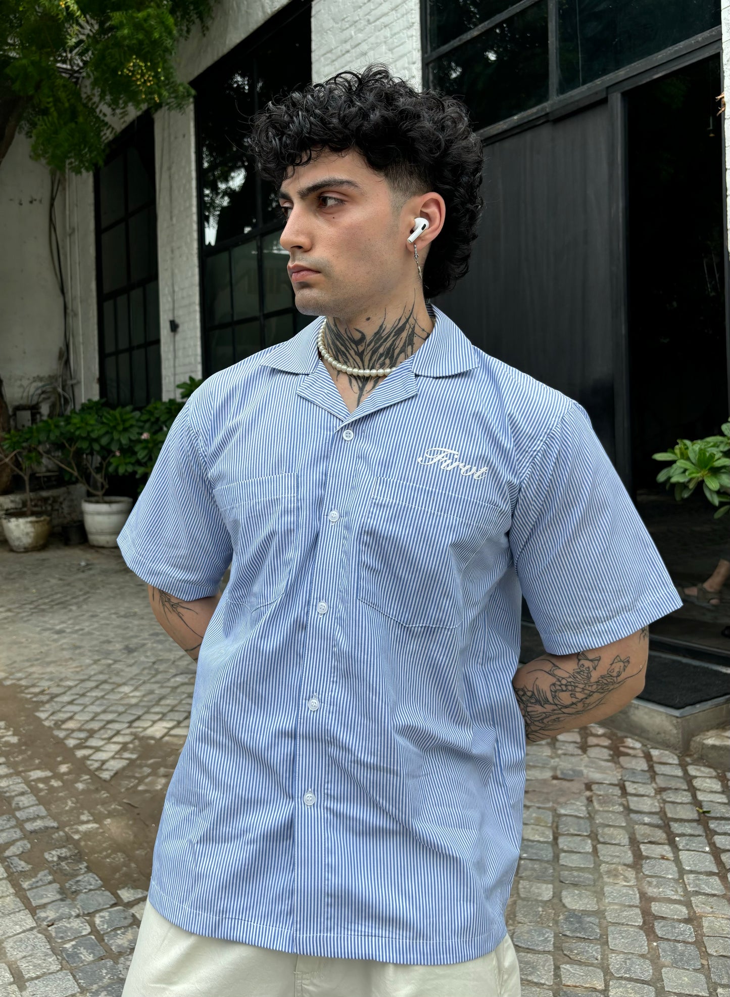 BLUE STRIPED BOWLING SHIRT