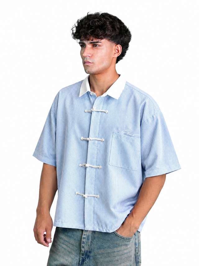 FIRVT BLUE STRIPE FROG BUTTON SHIRT