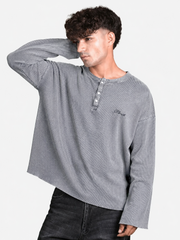 BLACK WASHED WAFFLE HENLEY