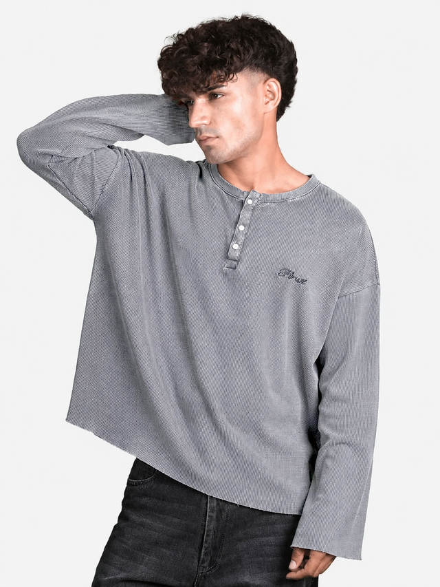 BLACK WASHED WAFFLE HENLEY